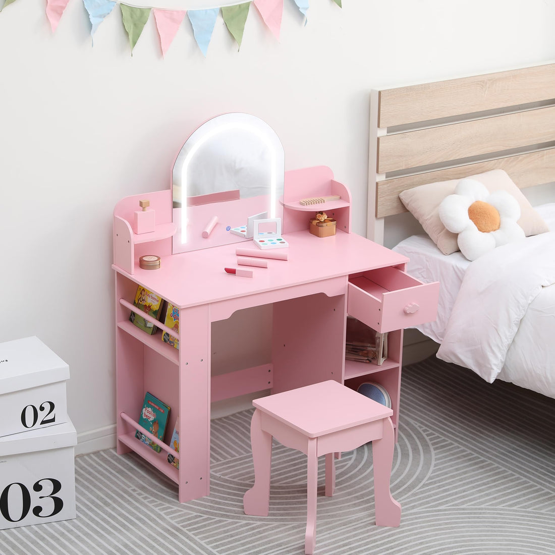 Coiffeuse Garvee pour enfants avec miroir lumineux et tabouret, MDF, éclairage LED, espace de rangement, pour filles de 3 à 9 ans, chambre et salle de jeux, blanc