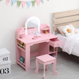 Garvee Coiffeuse pour enfants avec lumière LED et tabouret, réglable, MDF, blanche, pour filles de 3 à 9 ans, salle de jeux et chambre, Rose, avec accessoires - Rose