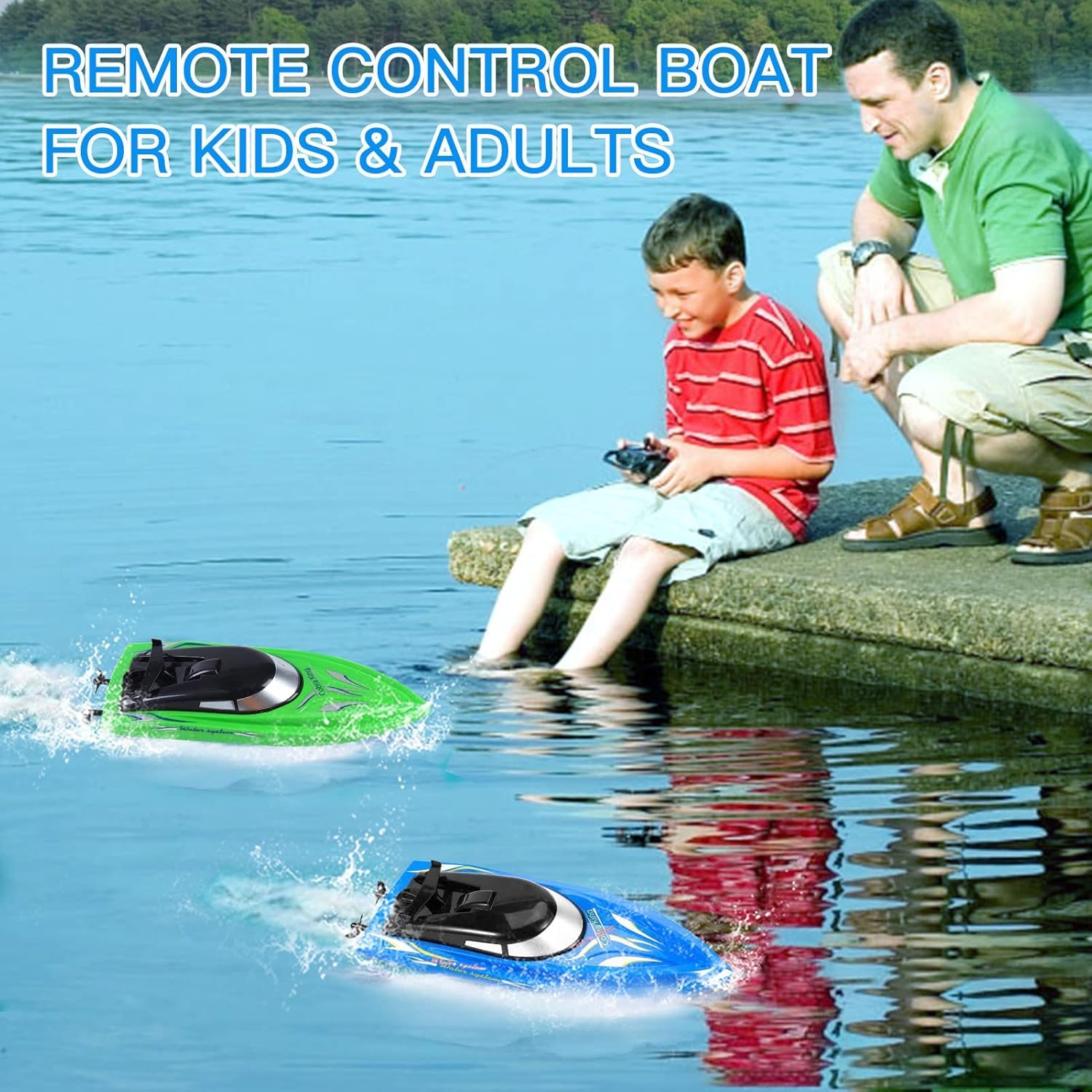 Bateau radiocommandé Garvee (lot de 2) - Vitesse élevée (10 km/h), télécommande 2,4 GHz, plastique ABS, idéal pour piscines et lacs, 4 batteries incluses, chargement USB.