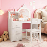 Garvee Coiffeuse Enfant 2-en-1 avec Miroir LED, Convertible en Bureau, Rangement Spacieux et Chaise Incluse, en MDF, pour Chambre d'Enfant - Blanc