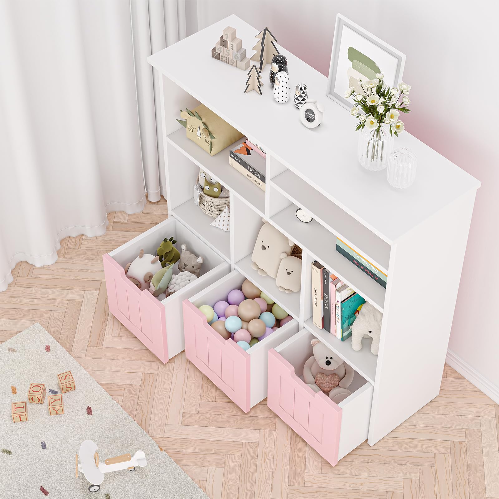 Étagère à jouets Garvee pour enfants avec 3 tiroirs, roulettes, MDF, rose, pour chambre et salle de jeux, polyvalente et sûre