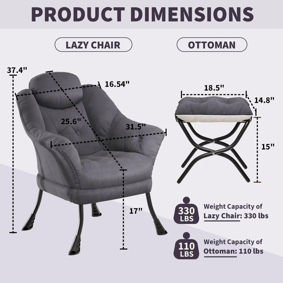 Fauteuil relax Garvee avec repose-pieds, ergonomique, en velours, pliable, gris, pour salon et chambre, gain de place