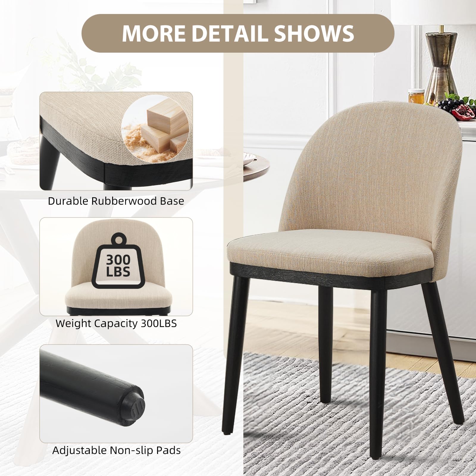 Chaises de salle à manger rembourrées Garvee, lot de 2, beige, style moderne, coussins épais, pieds en bois, dossier ergonomique, pour cuisine et café