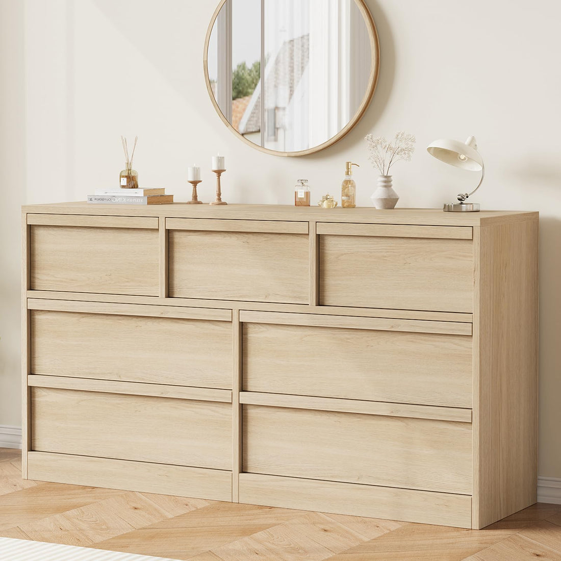 Commode Garvee à 7 tiroirs, en chêne, grande capacité de rangement, robuste et polyvalente, anti-basculement, idéale pour la chambre et le salon, 137 x 40 x 78 cm, couleur bois naturel