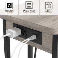 Table d'appoint Garvee en forme de C avec station de charge, ports et prises USB, rangement à 3 niveaux, mélamine grise pour salon et chambre