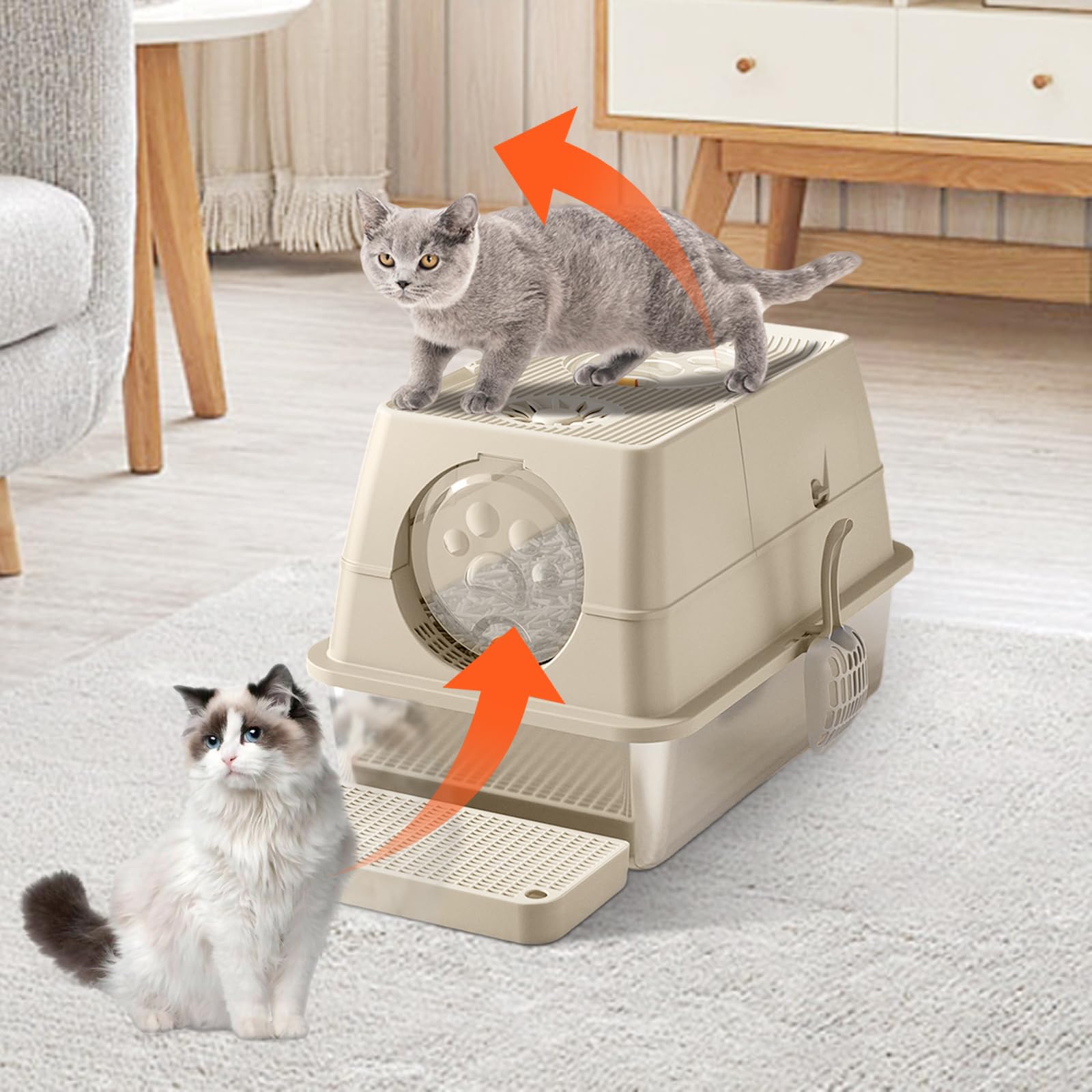 Bac à litière pour chat Garvee en acier inoxydable avec couvercle, extra large, double entrée, robuste, 60 x 40 x 39 cm, argent