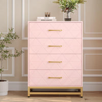 Commode Garvee à 4 tiroirs, poignées en métal, rose, bois, pieds en métal robustes, gain de place, pour salon et bureau
