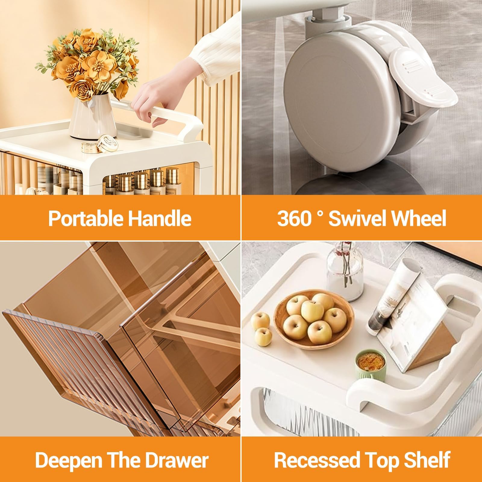 Organiseur ergonomique Garvee en plastique avec 3 tiroirs transparents pour le bureau et la maison, 36 L, beige, compact 33 x 38 x 71 cm, 4 roues avec freins