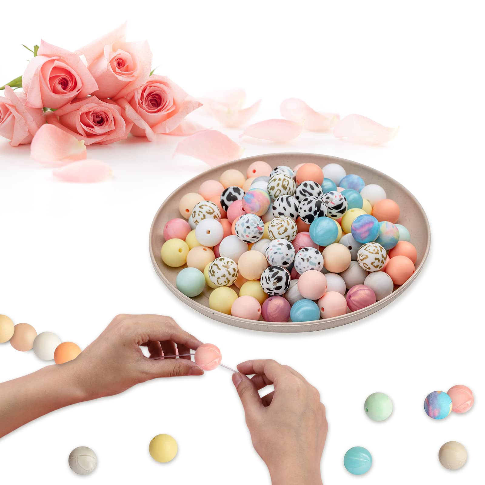 Garvee Lot de 100 perles en silicone rondes de 15 mm, colorées, pour la création de bijoux, porte-clés, colliers et bracelets.