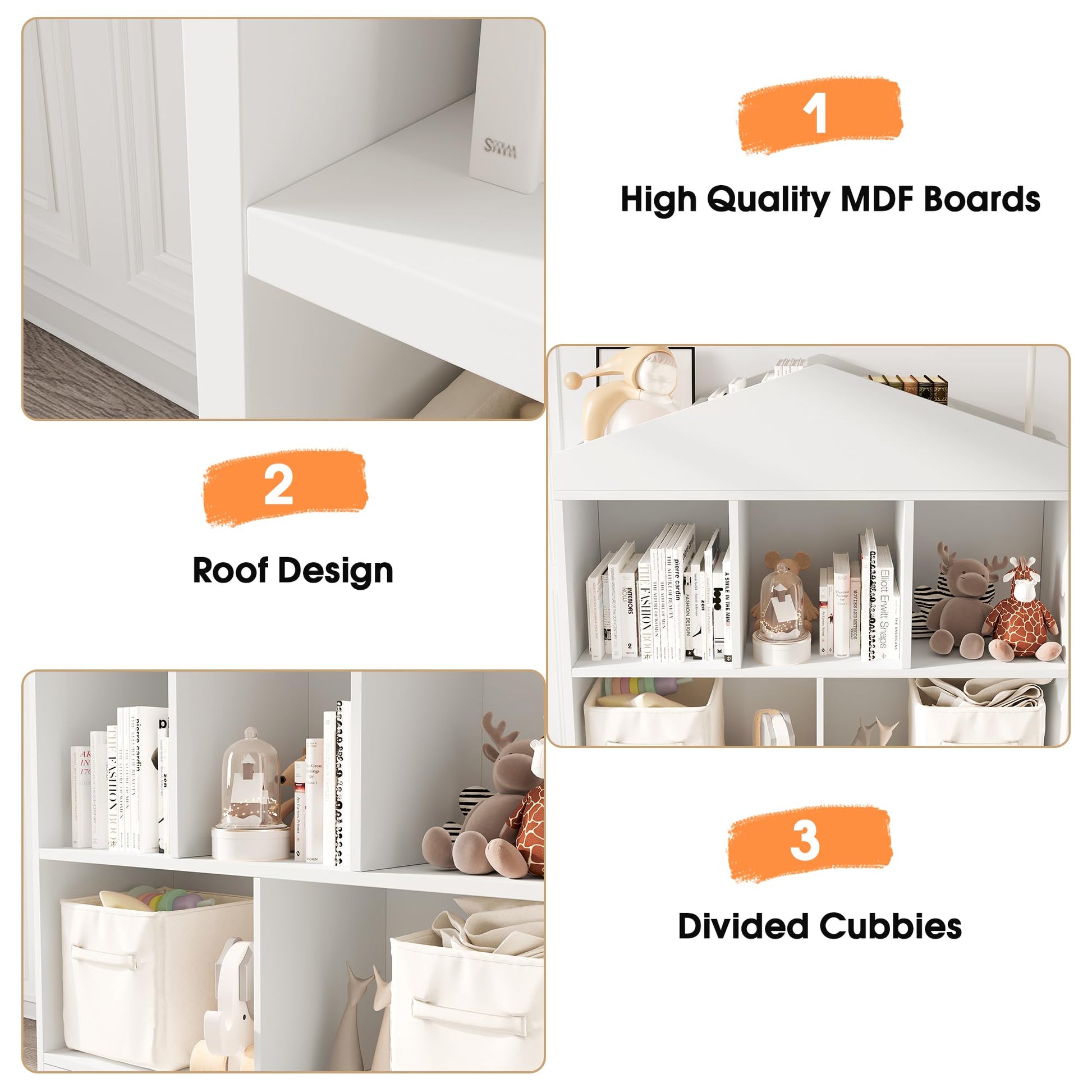 Étagère à jouets Garvee à 5 niveaux avec toit décoratif – Étagère de rangement en bois blanc pour chambres d'enfants, 90 x 90 x 30 cm