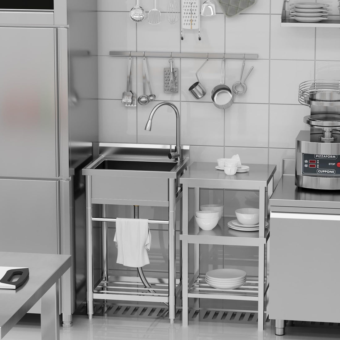 Garvee Évier sur pied 61x51x104cm en inox, 1 bac avec robinet eau chaude/froide et vidange, pour cuisine garage et atelier