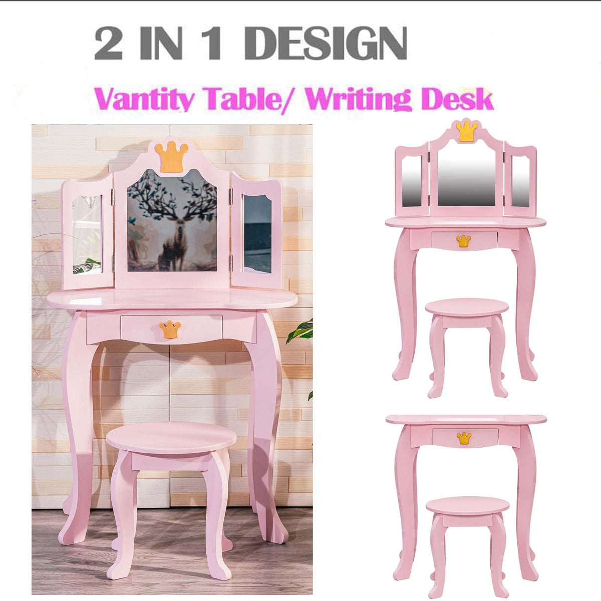 Garvee Coiffeuse pour enfants avec miroir triptyque et tabouret, bureau de maquillage princesse 2 en 1 en bois, ensemble de jeu d'imitation pour tout-petits, Rose