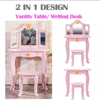 Garvee Coiffeuse pour enfants avec miroir triptyque et tabouret, bureau de maquillage princesse 2 en 1 en bois, ensemble de jeu d'imitation pour tout-petits, Rose