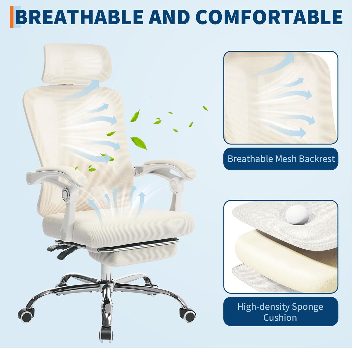 Garvee Chaise de bureau ergonomique, dossier haut, assise en maille, appui-tête et repose-pieds réglables, beige, idéale pour le télétravail
