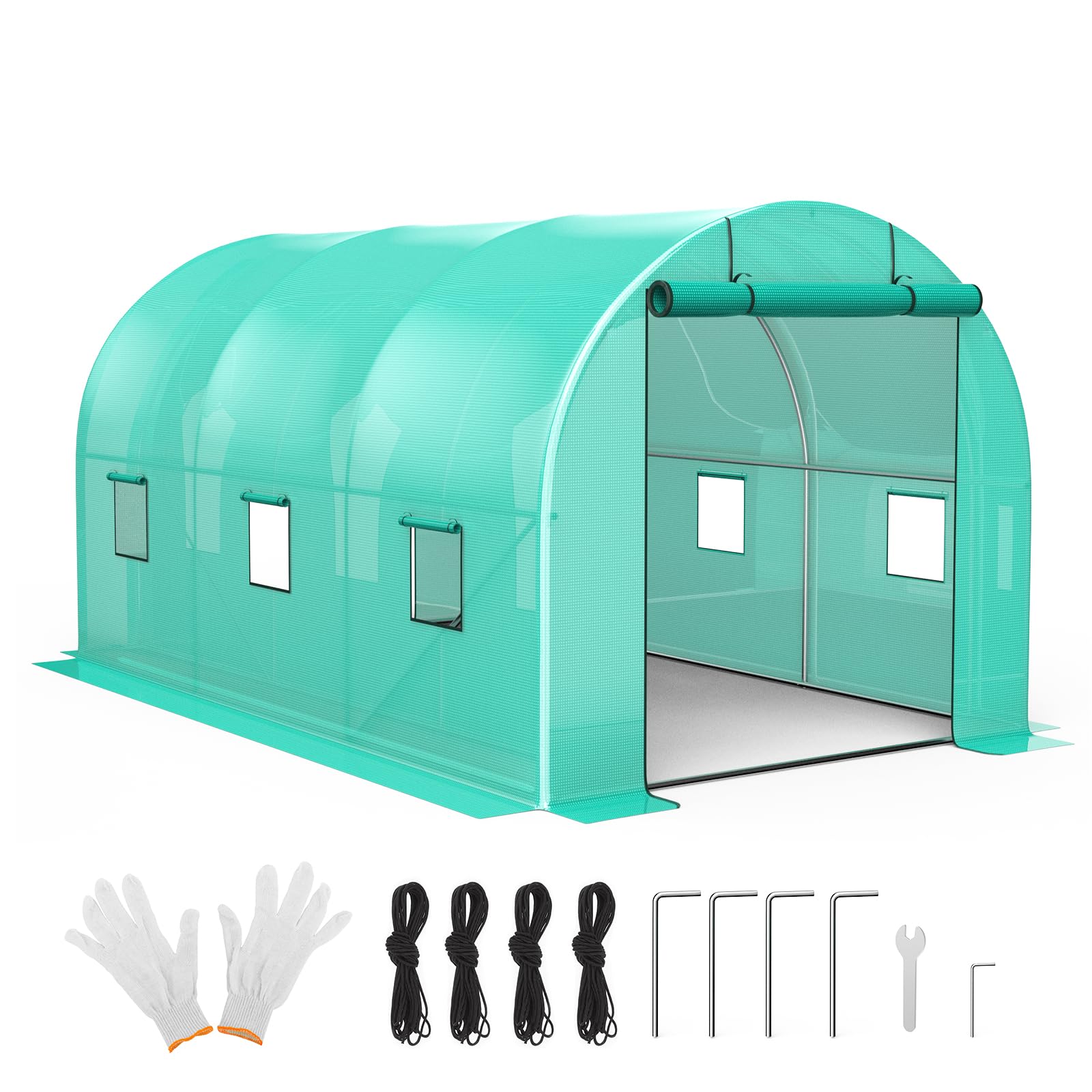 Serre Garvee 2,4 × 3,9 × 2,1 m – Structure en acier galvanisé avec 6 fenêtres et 2 portes zippées, bâche en PE, résistante au vent et aux intempéries, verte