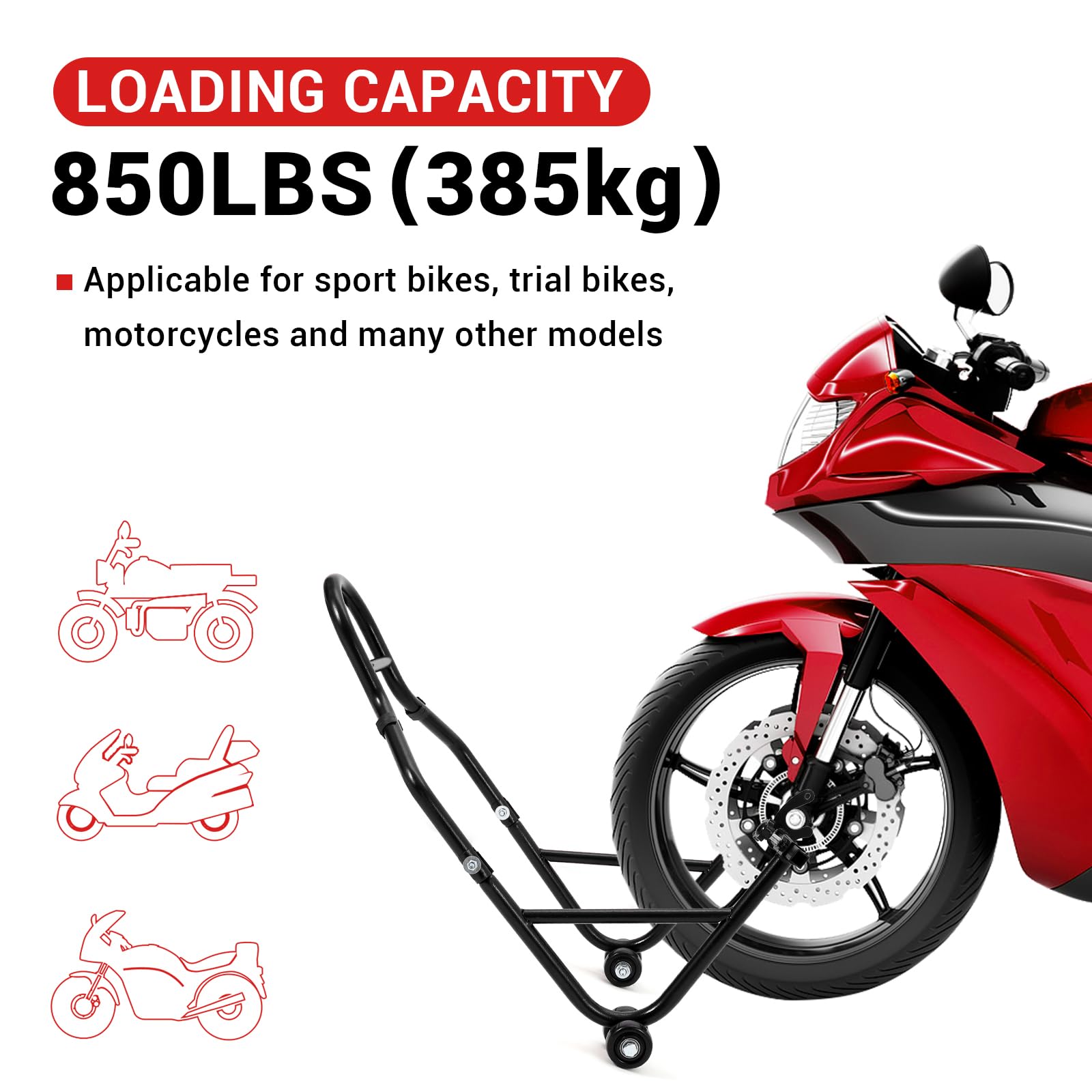 Support de levage pour moto Garvee, capacité de charge de 385 kg, largeur réglable, cadre en fer robuste, pour atelier et garage, universel, noir