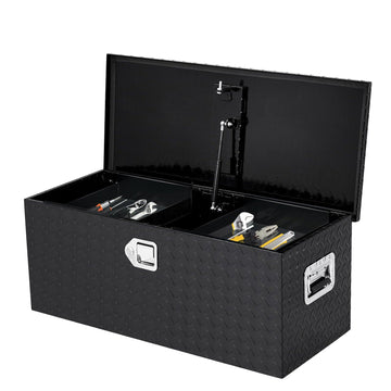 Coffre à outils Garvee 91 x 38 x 38 cm pour benne de pick-up et remorque, en aluminium à damier noir, avec serrure et clé.