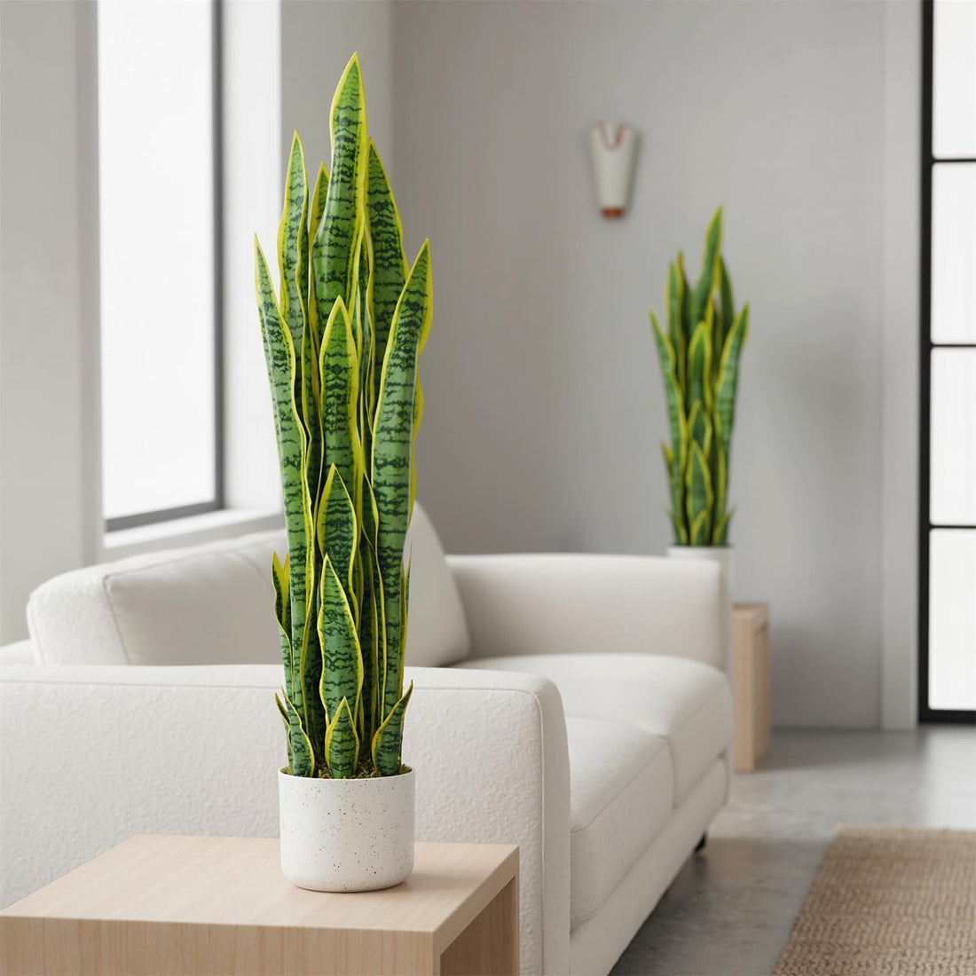 Garvee Plante artificielle Sansevieria 90 cm avec pot blanc, feuillage réaliste vert, décoration sans entretien pour salon, bureau, entrée ou chambre