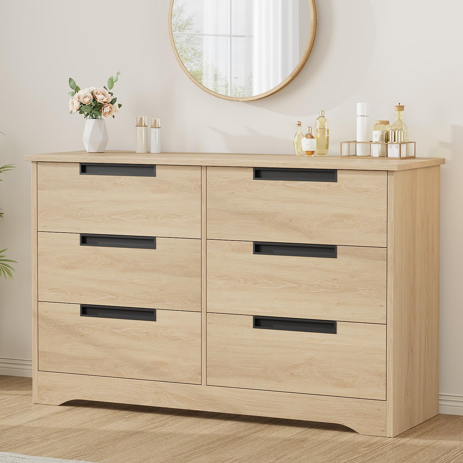 Commode moderne en bois Garvee à 6 tiroirs avec poignées encastrées pour chambre et salon, robuste et polyvalente