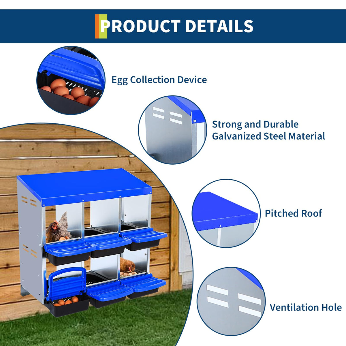 Garvee Pondoir à poules bleu 6 compartiments sans pieds, acier galvanisé, ventilation et système de collecte des œufs, pour poulailler