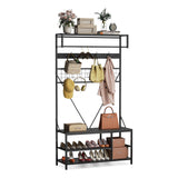 Garvee Banc d'entrée 5 en 1 avec Porte-Manteaux et Rangement à Chaussures, Métal Robuste et Bois, Noir Rétro, Pour Couloir et Vestibule - Noir rétro