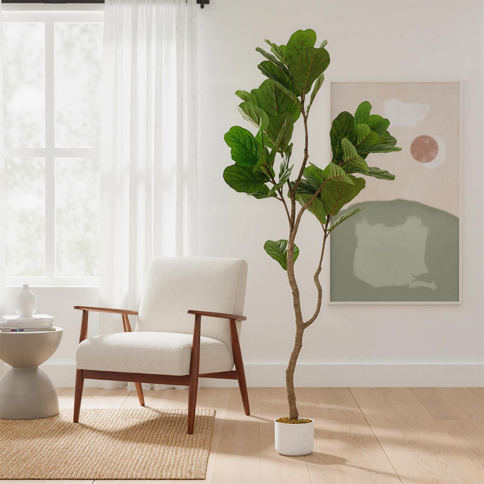 Figuier lyre artificiel Garvee de 1,5 m avec pot en ciment robuste, vert, idéal pour le salon, le bureau ou le couloir.