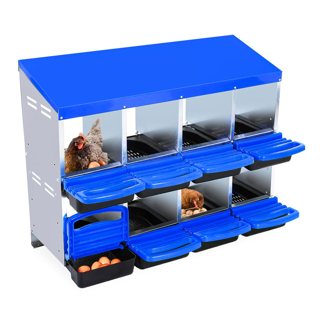 Garvee Pondoir pour Poules 2 Niveaux 8 Compartiments, Acier Galvanisé et PP, Poignées, Toit Imperméable, Ventilation Supérieure, Bleu