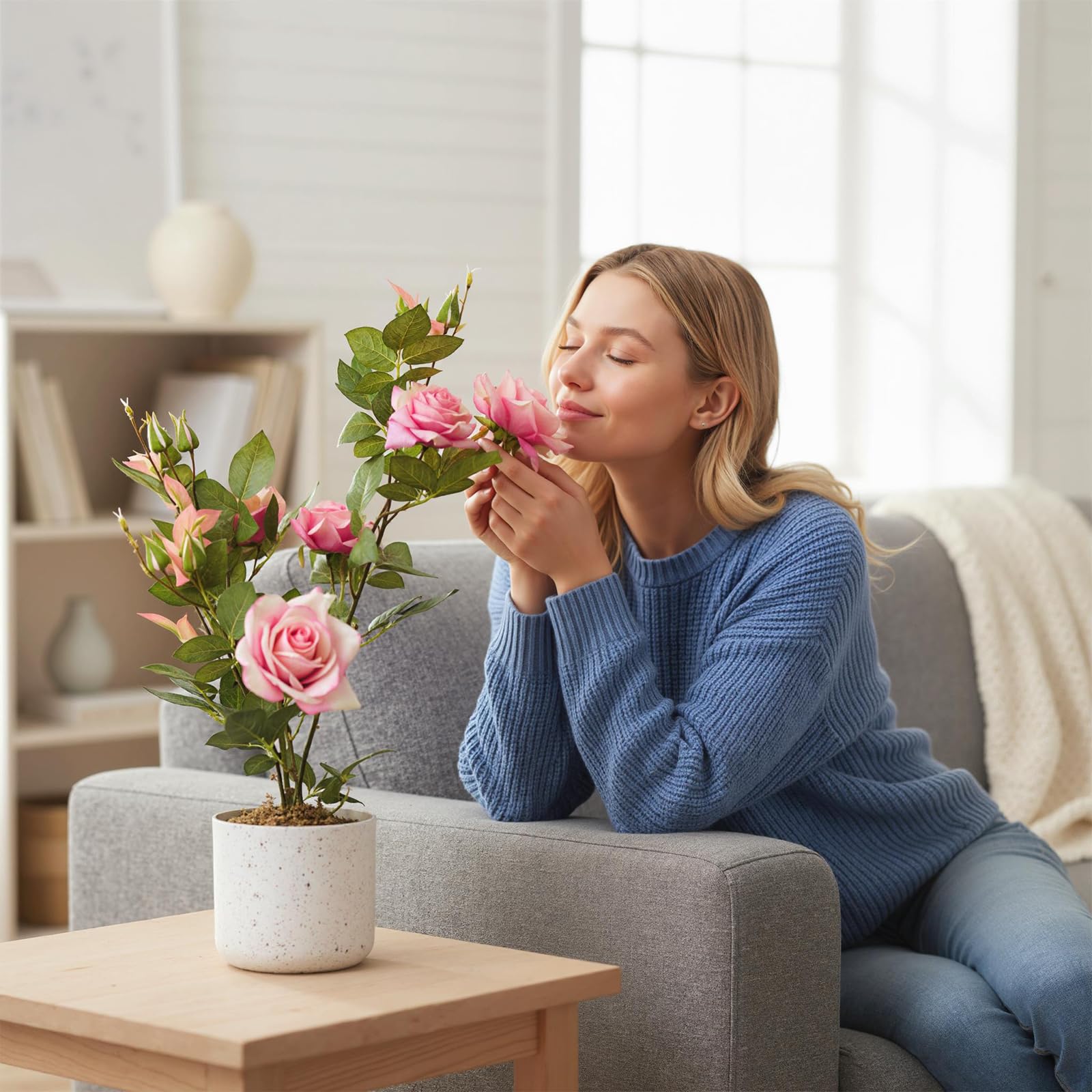 Rosier artificiel Garvee de 50 cm (lot de 2) avec fleurs roses, résistant aux intempéries, pot en plastique blanc pour intérieur et balcon.
