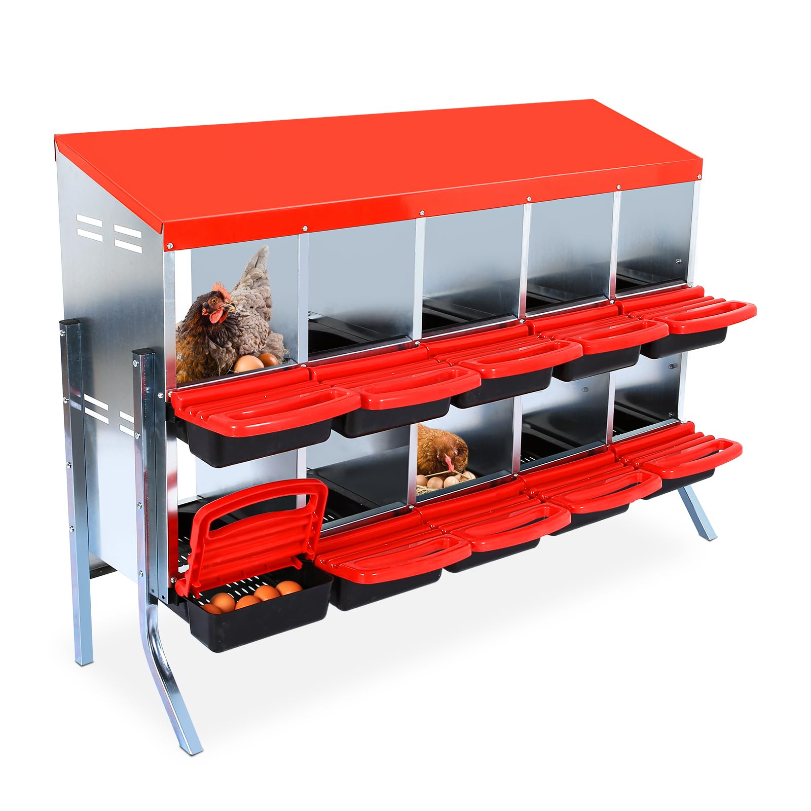 Garvee Pondoir pour Poules 10 Compartiments avec Support Métallique, Acier Galvanisé 0,7 mm, Couvercle Émaillé et Bacs en Plastique Antirouille, Montage Facile, Rouge