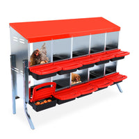 Garvee Pondoir pour Poules 10 Compartiments avec Support Métallique, Acier Galvanisé 0,7 mm, Couvercle Émaillé et Bacs en Plastique Antirouille, Montage Facile, Rouge