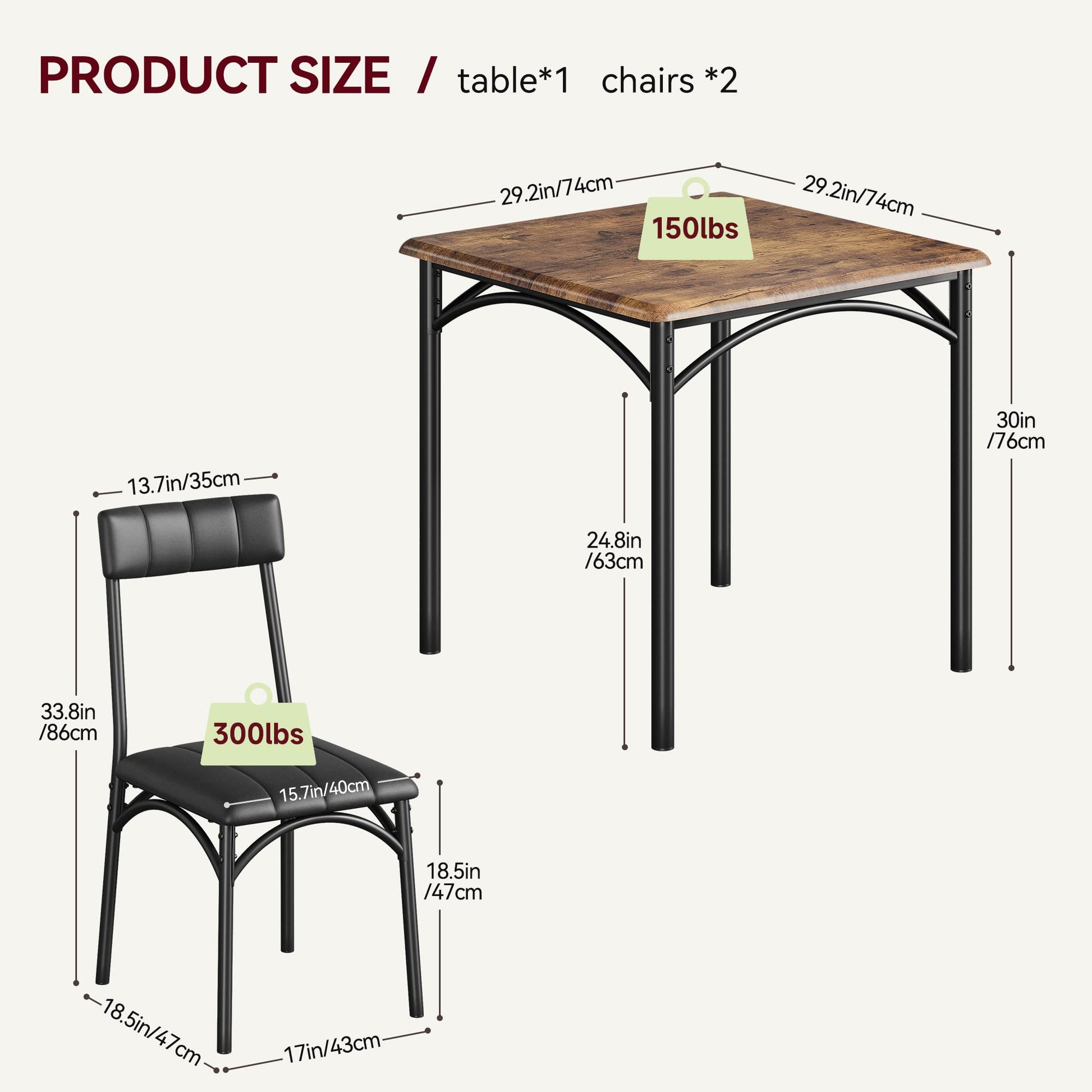 Ensemble de salle à manger Garvee pour 2 personnes, table de cuisine carrée marron rustique avec chaises rembourrées, structure robuste en MDF et acier, gain de place