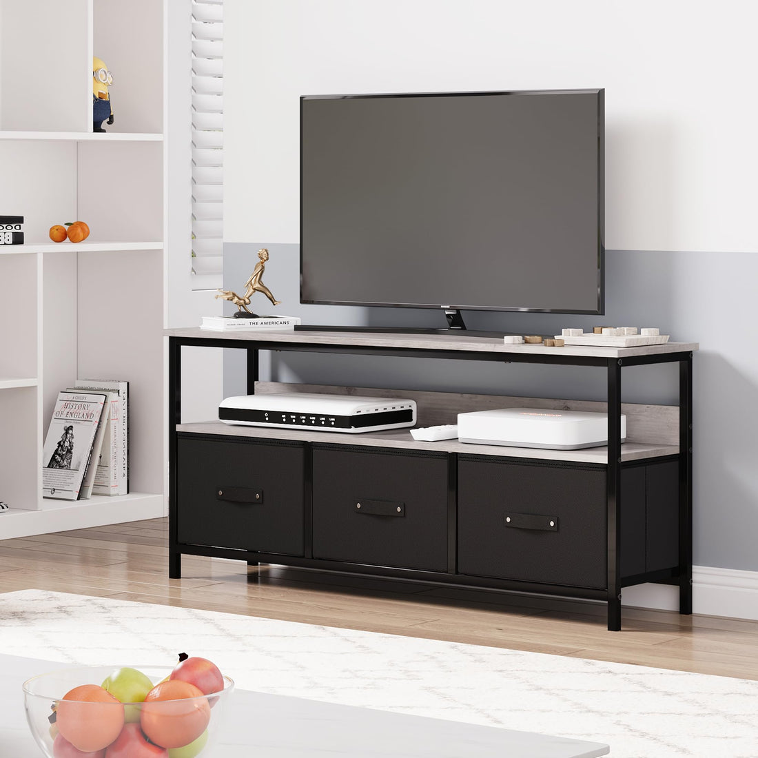 Garvee Commode/meuble TV 140 cm avec tiroirs en tissu et pieds réglables pour salon et chambre, gris, en bois MDF robuste