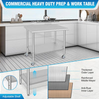 Table de travail Garvee en acier inoxydable – 91 × 61 × 89 cm, avec roulettes et étagère inférieure réglable, robuste et facile à nettoyer