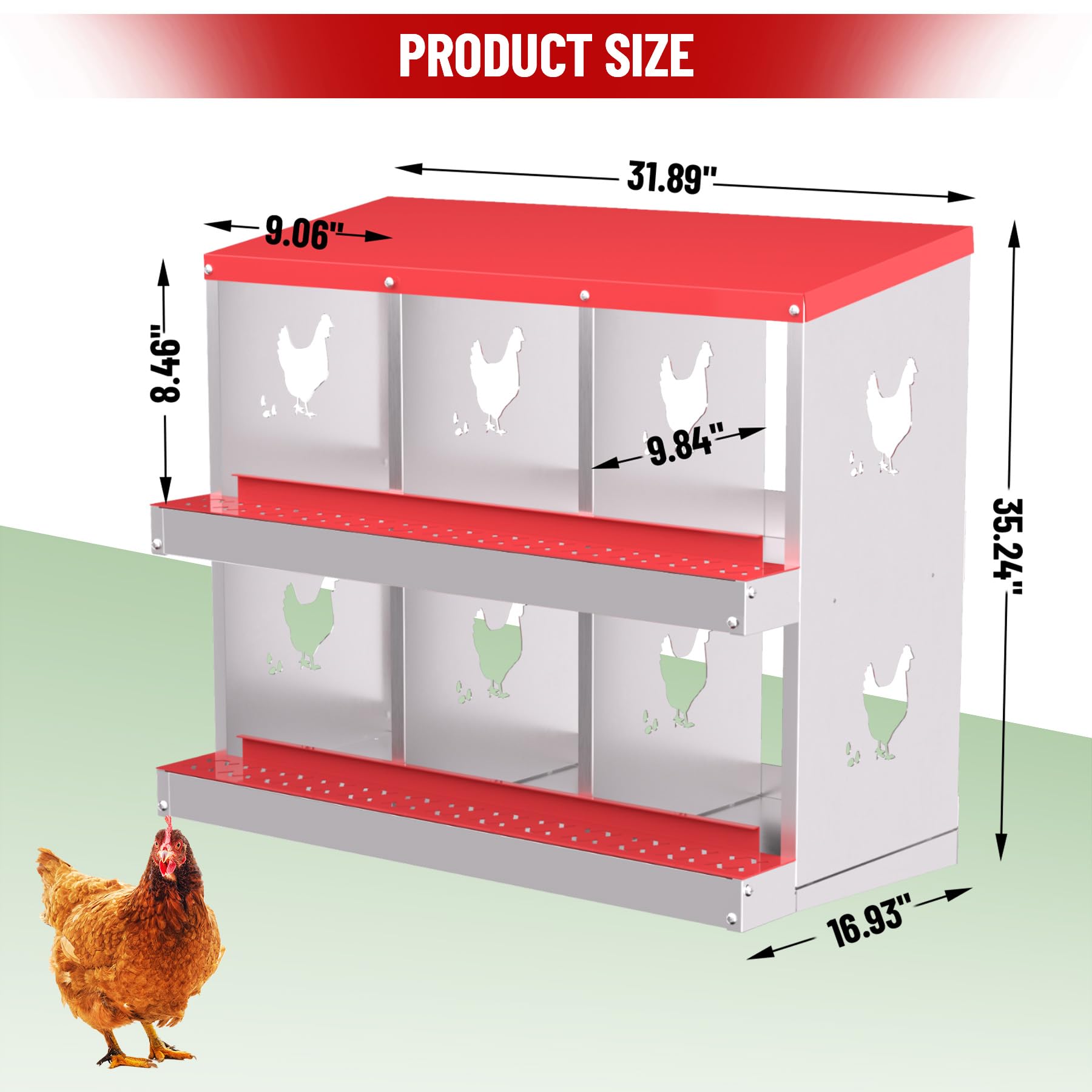 Garvee pondoir pour poules à 6 compartiments, acier galvanisé de 0,7 mm, conception ventilée, fixation murale, idéal pour poulaillers et élevages, rouge