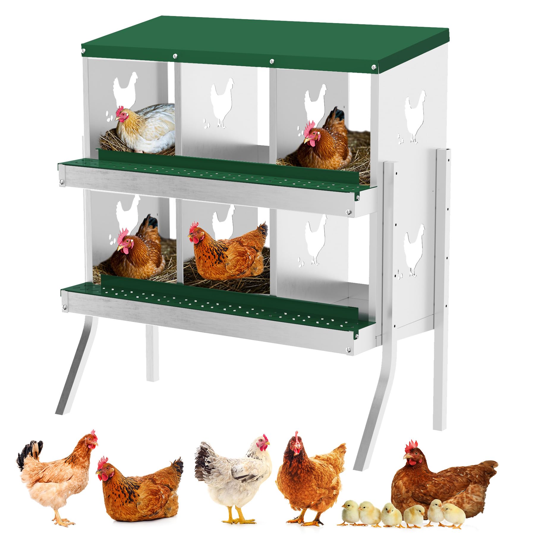 Garvee pondoir pour poules à 6 compartiments avec support métallique, acier galvanisé de 0,7 mm, idéal pour poulaillers, fermes et basses-cours, vert