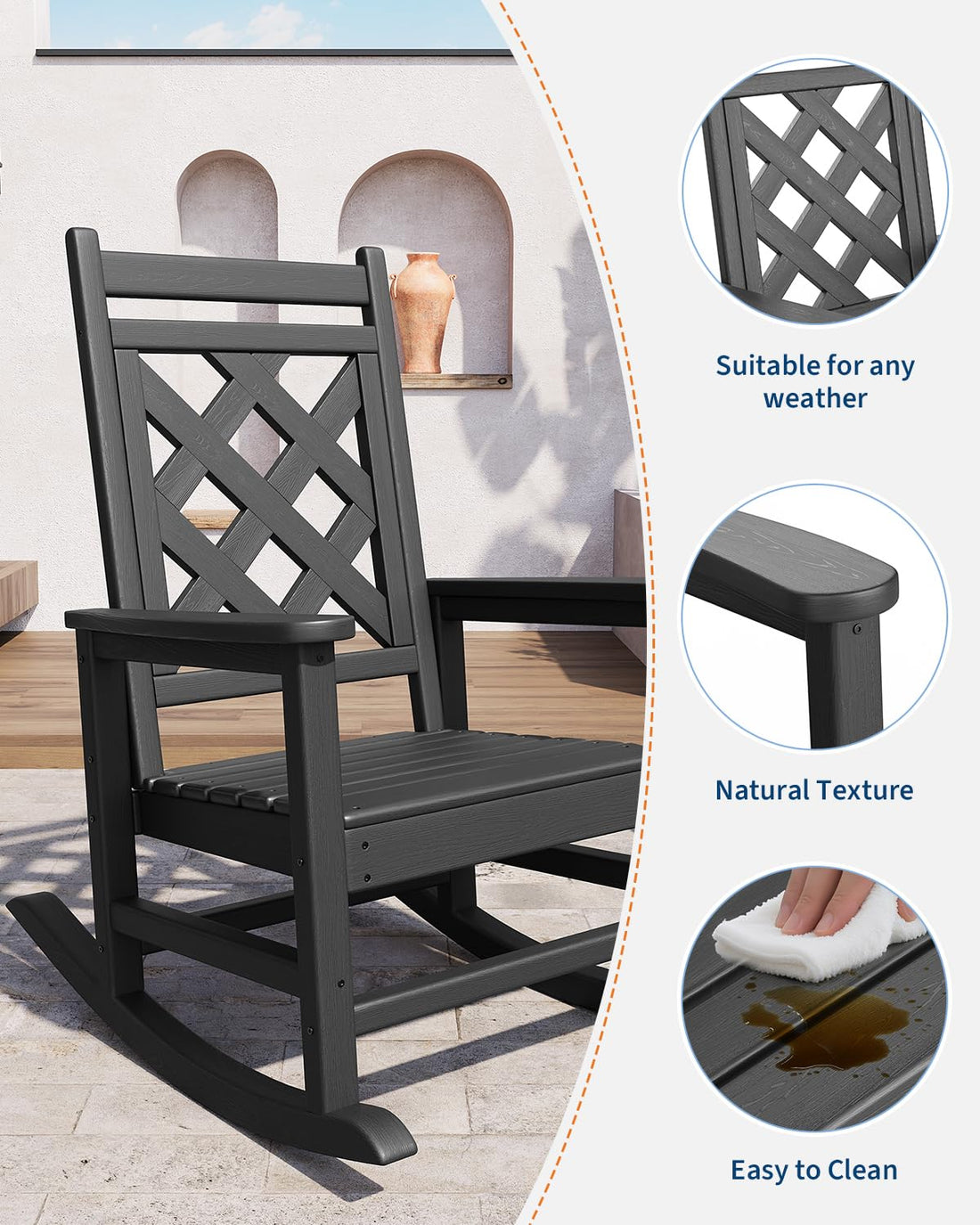 Fauteuil à bascule d'extérieur Garvee en PEHD imitation bois pour terrasse et jardin, capacité de charge de 172 kg, ergonomique, robuste et résistant aux intempéries