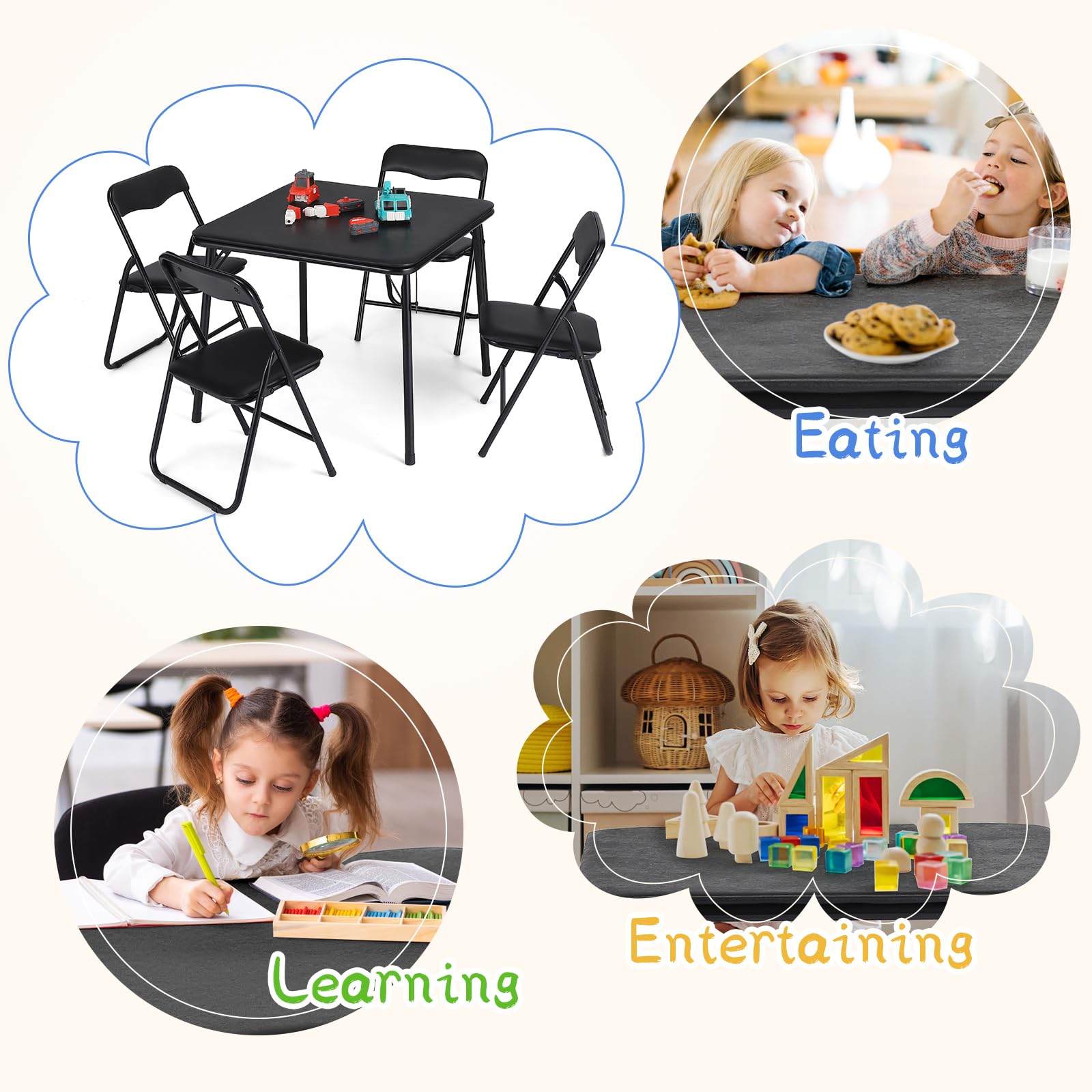 Ensemble table et chaises pliantes pour enfants Garvee avec structure en métal, rembourrées, stables, sûres, peu encombrantes, noires, pour manger et jouer