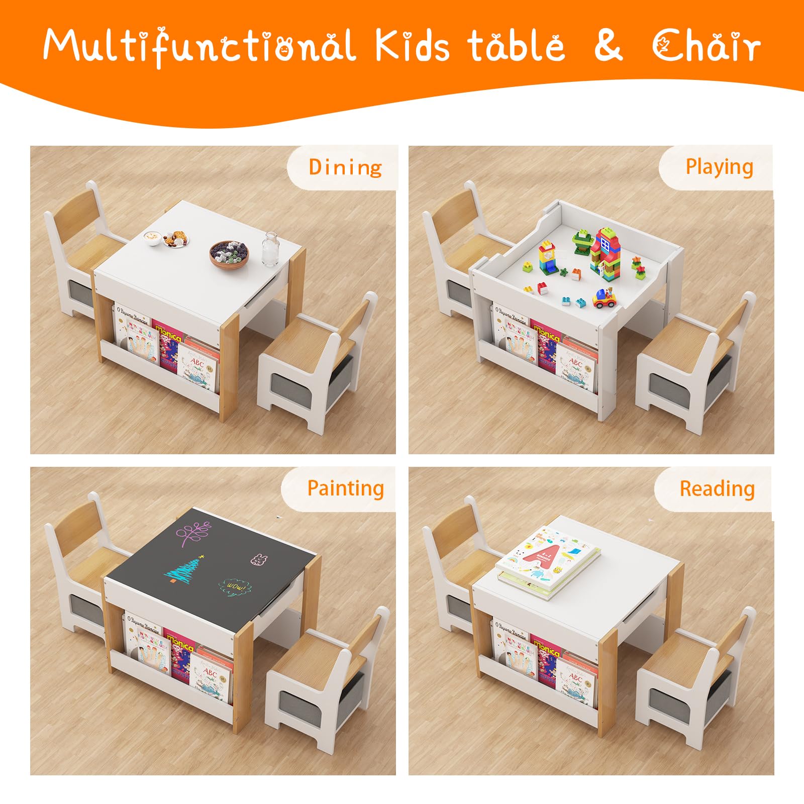 Ensemble table et chaises pour enfants Garvee 4 en 1, table d'activités avec rangement, bois, multifonctionnelle, sûre, pour chambre d'enfant