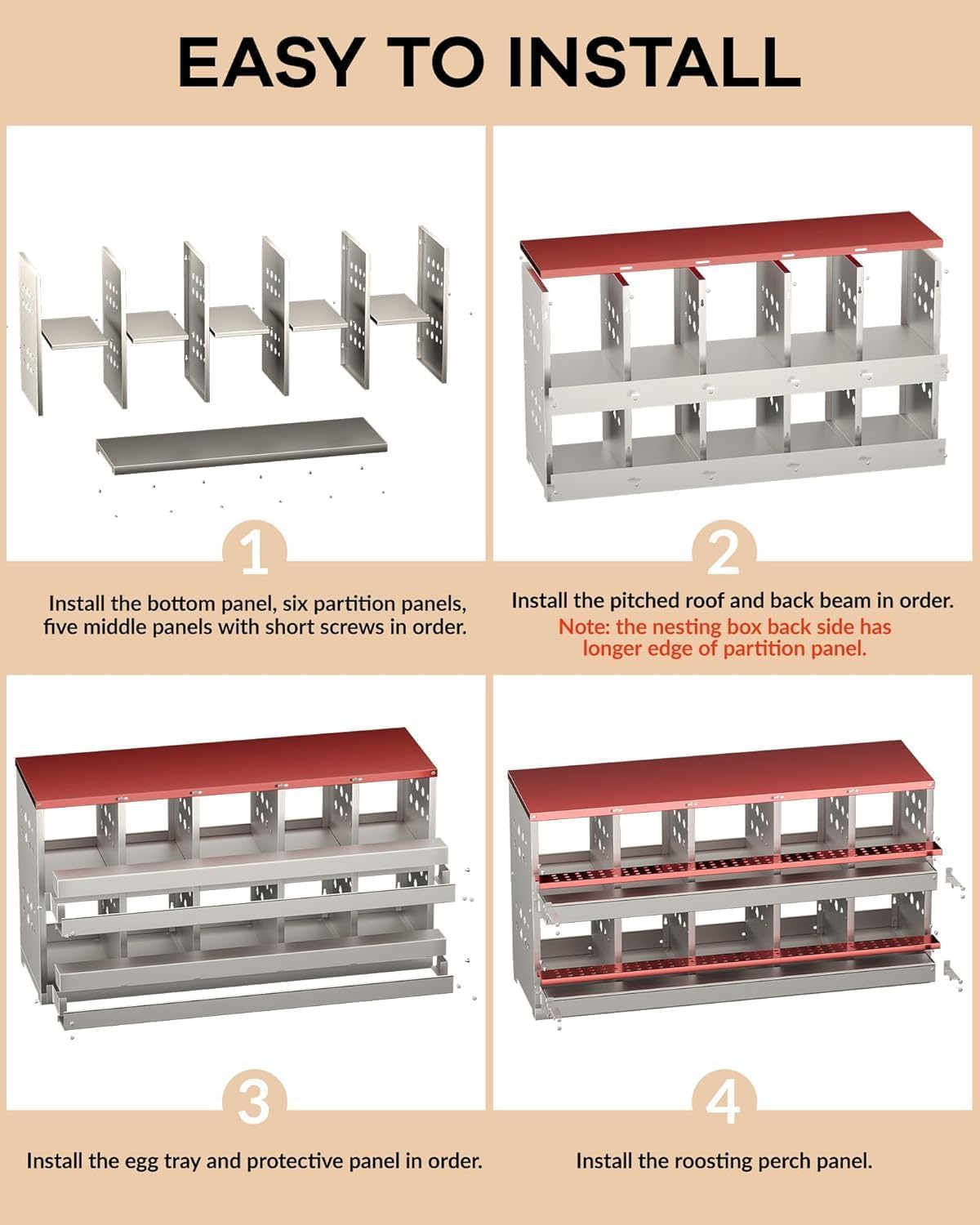 Garvee Pondoir à poules rouge en métal, 10 compartiments avec 10 œufs factices, ventilation et structure antirouille, pour poulailler
