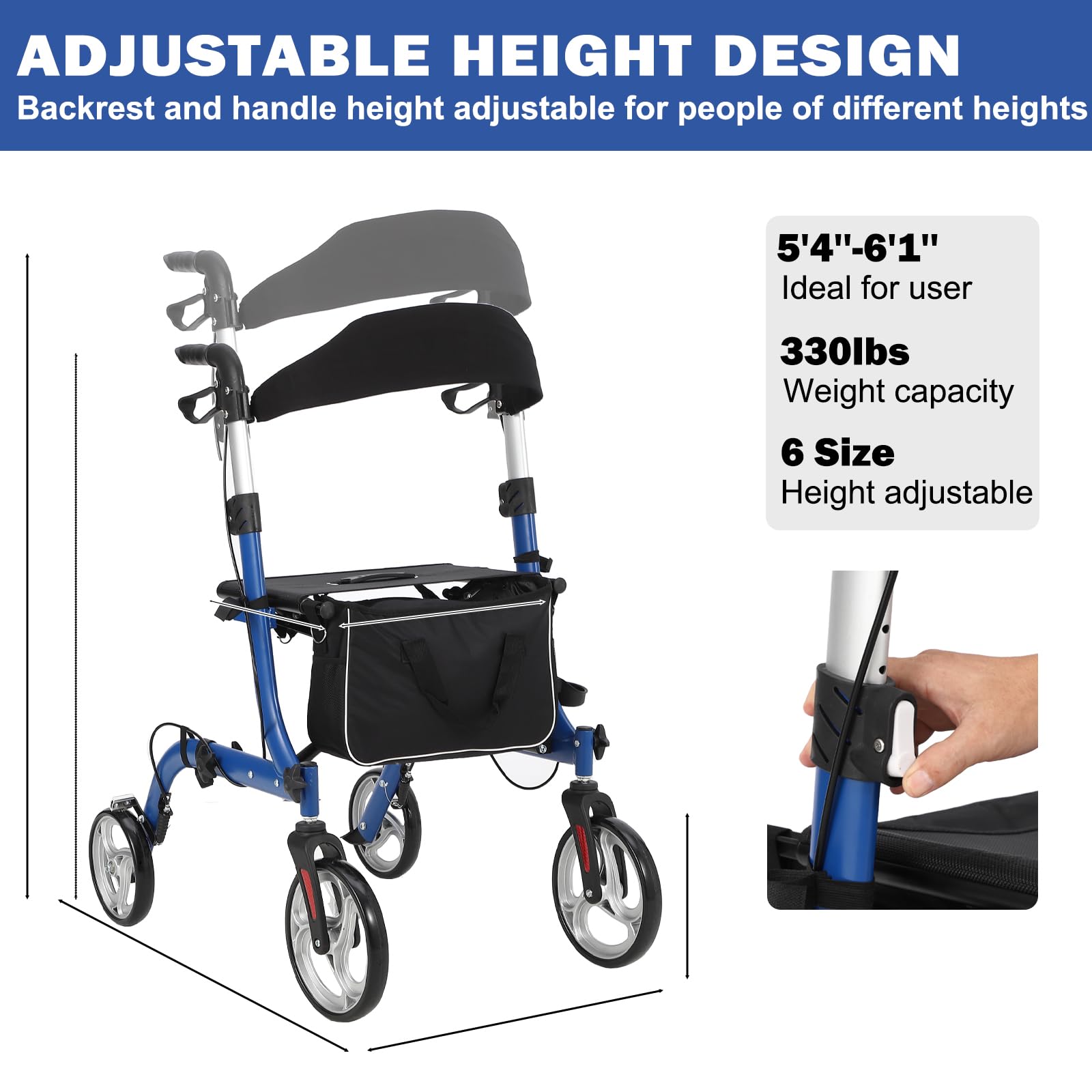 Garvee Déambulateur fauteuil 2 en 1 pour adulte, aluminium aérospatial léger, pliable et réglable, sans amortisseurs, roues à noyau argent, usage médical et extérieur, bleu et noir