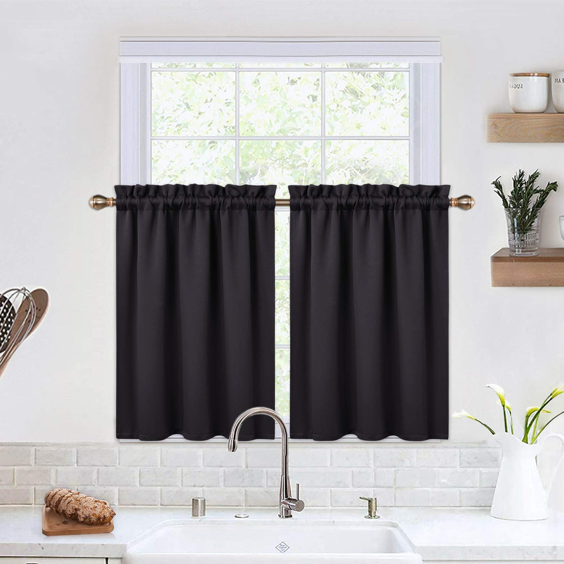 Garvee Lot de 2 cantonnières occultantes pour fenêtres, salon, cuisine, chambre, cantonnières isolantes thermiques, noires, 66 x 76 cm
