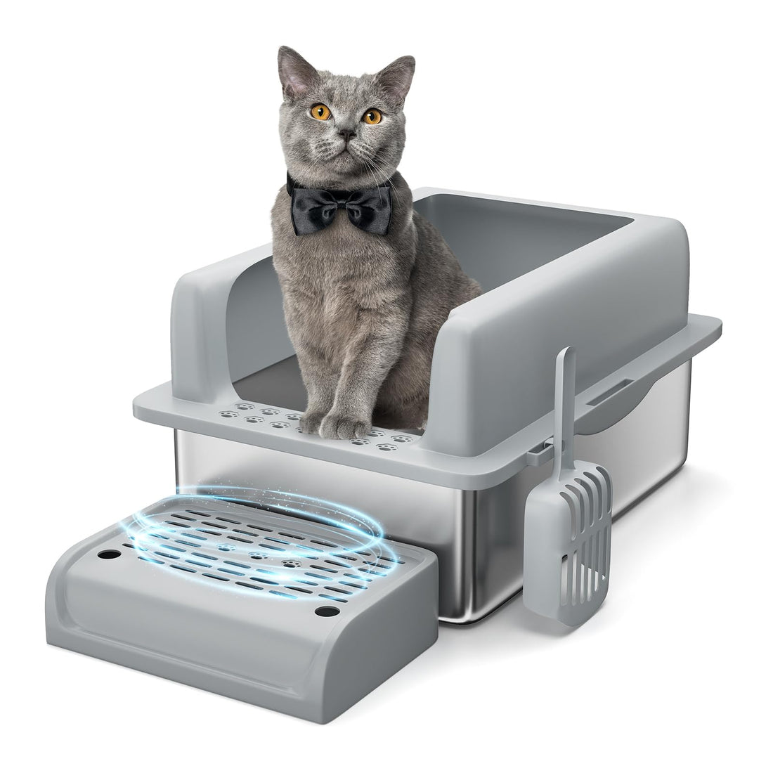 Garvee Bac à litière XL en acier inoxydable pour grands chats, caisse fermée avec couvercle, bords hauts anti-fuite, facile à nettoyer, avec pelle et marchepied