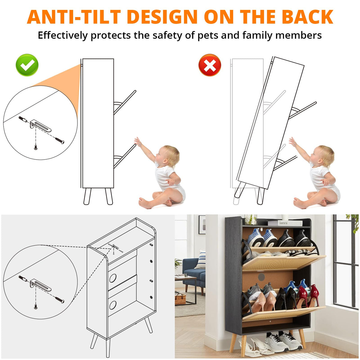 Meuble à chaussures Garvee pour entrée avec organiseur en rotin, tiroir rabattable, aéré, compact, 98,2 x 60 x 23,5 cm, MDF, couleur naturelle