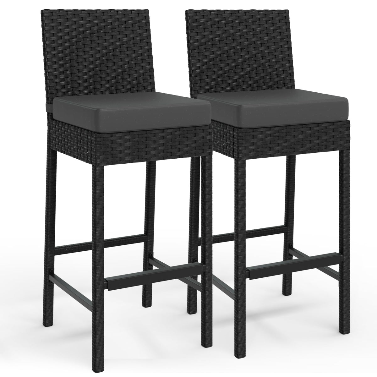 Ensemble de 2 tabourets de bar d'extérieur Garvee en résine tressée, ergonomiques et robustes, structure en rotin PE et acier, pour balcon et jardin, 40,6 x 45 x 103,6 cm, noir