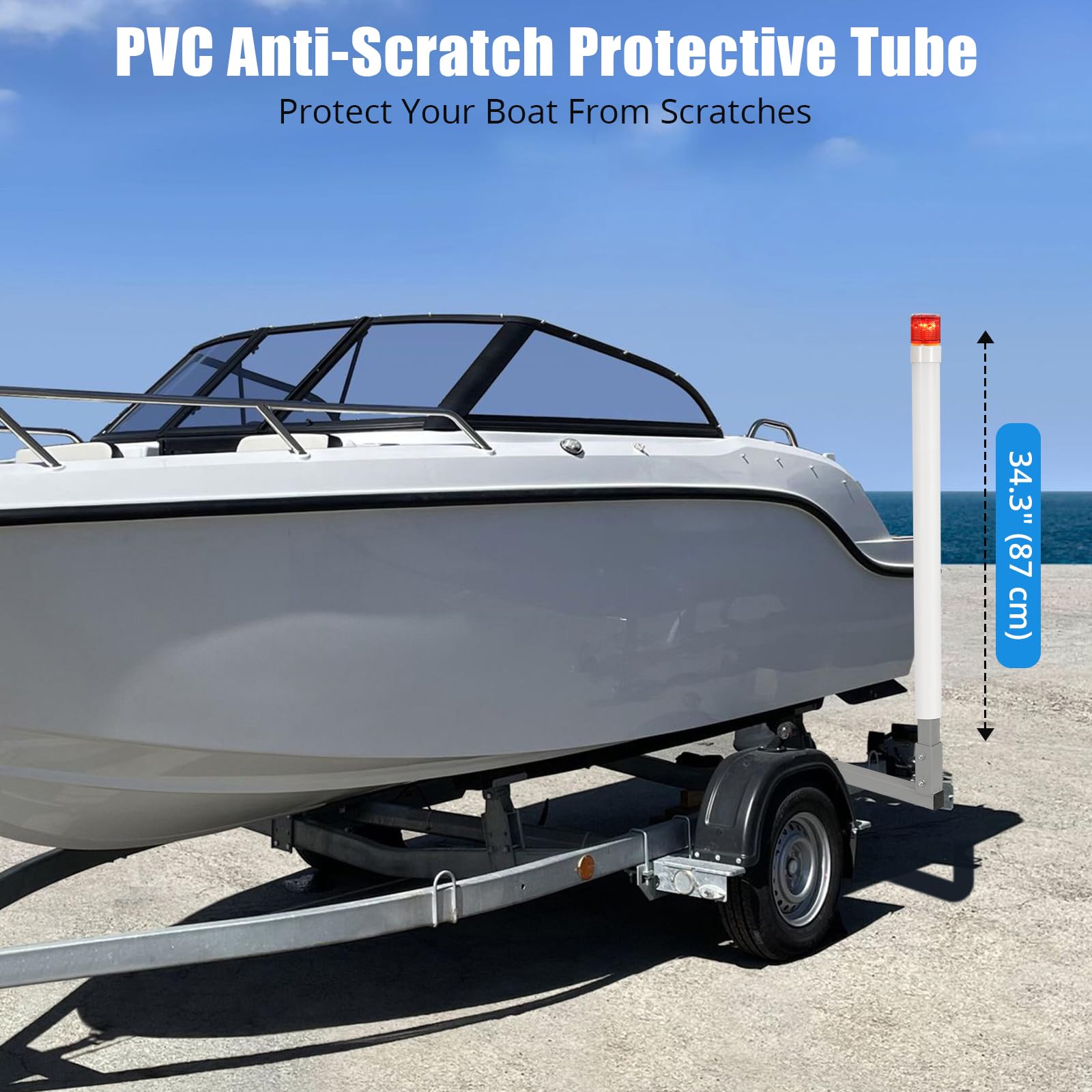 Balai de guidage réglable Garvee pour remorque de bateau, 101,6 cm (40 pouces), avec feux LED, acier galvanisé antirouille, pour bateaux de ski nautique, de pêche et de voile, montage flexible, protection PVC, 116,8 cm (46 pouces), noir
