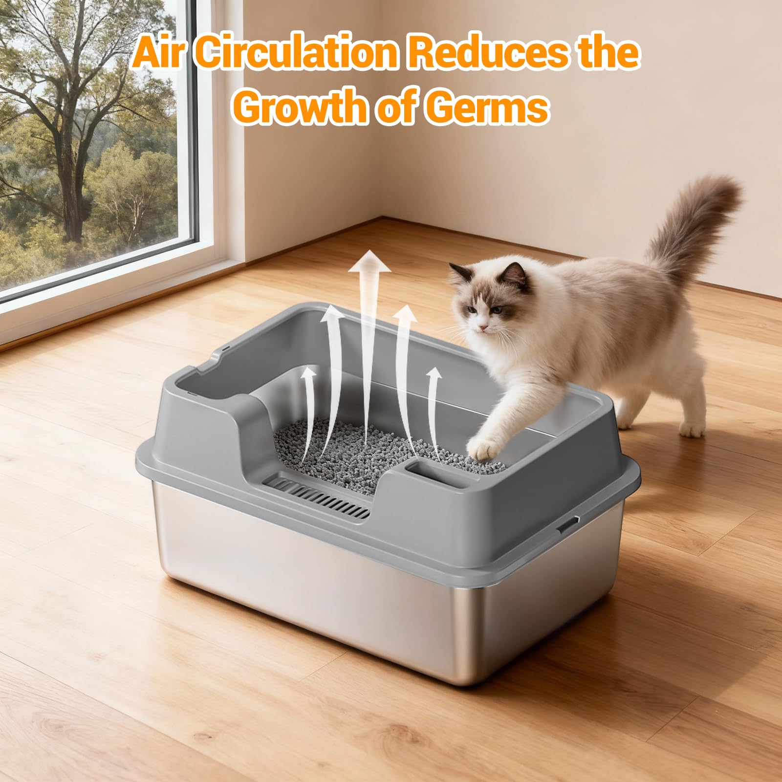 Bac à litière Garvee grand format en acier inoxydable 36 L, semi-fermé, avec tapis antidérapant et pelle à litière, idéal pour les foyers avec plusieurs chats, 60 x 40 x 27 cm, gris.