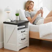 Table de chevet Garvee style ferme avec station de chargement USB, 2 tiroirs, bois massif, blanc, style industriel, chambre