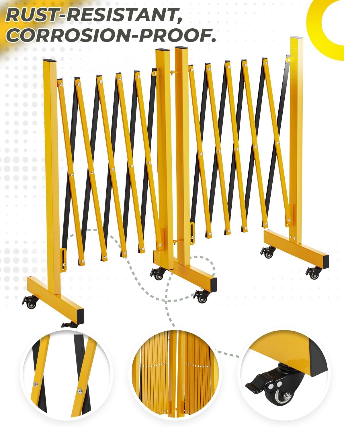 Garvee Barrière de sécurité extensible 274 cm, métal pliable avec roulettes, robuste, pour circulation, jaune et noir