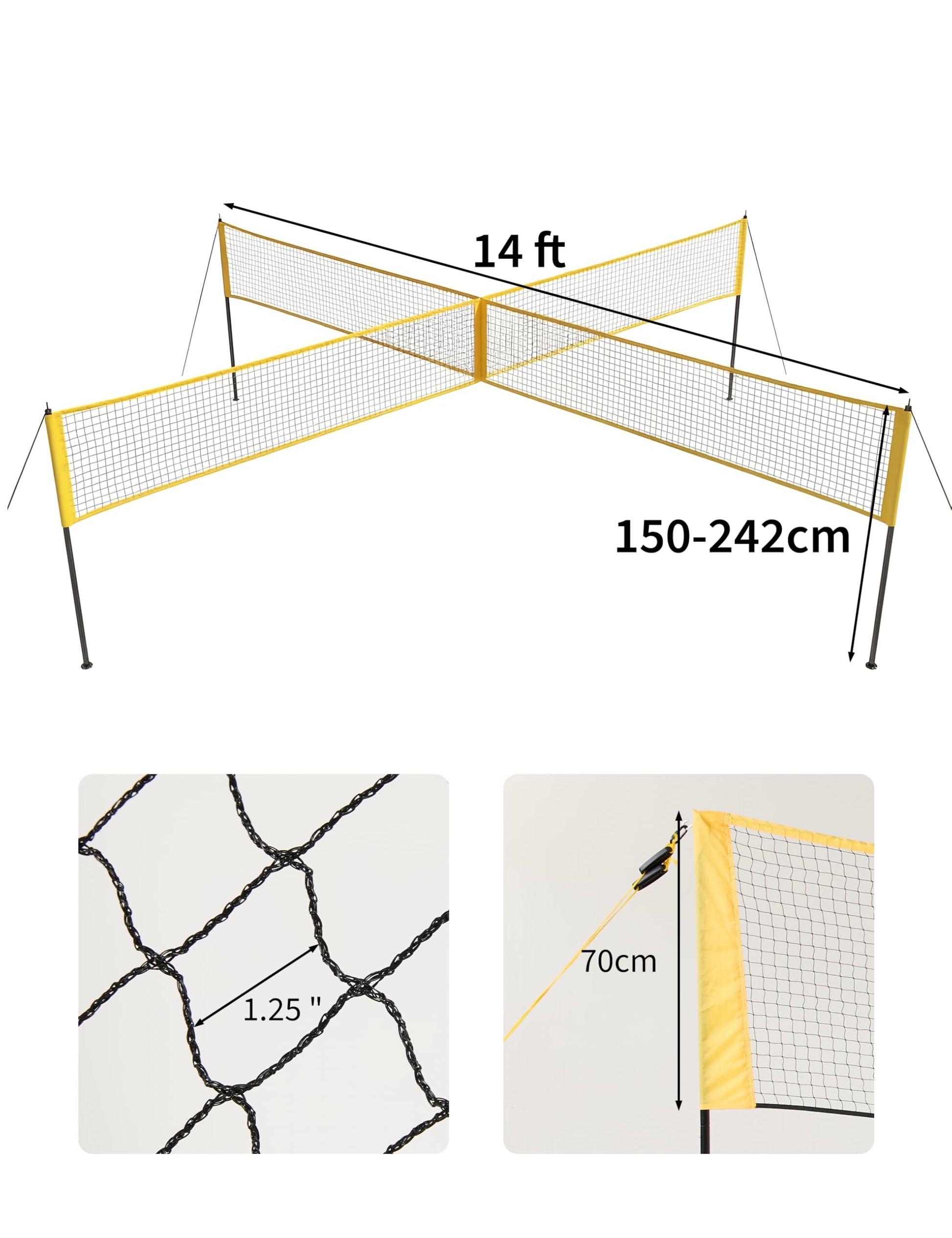 Ensemble de volley-ball Garvee 4 carrés avec filet de 4,27 m (14 pi) à 4 directions, 3 hauteurs réglables, filet en PE et poteaux en fer pour des moments de plaisir en famille en plein air, sac de transport inclus