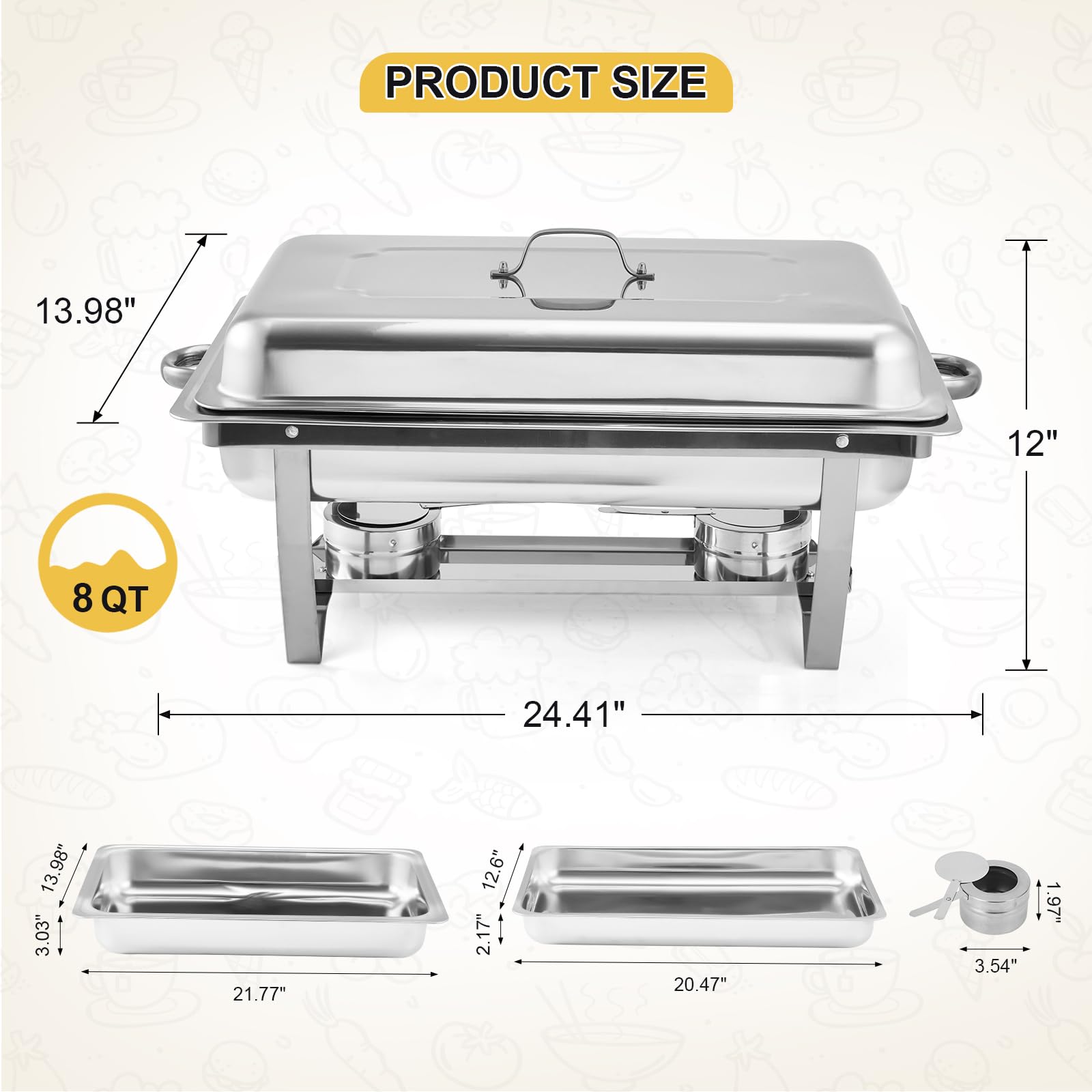Ensemble de 4 chafing dishes argentés Garvee, plaques chauffantes en acier inoxydable 8 QT (62 x 35,5 x 30,5 cm) pour la restauration professionnelle, les cuisines commerciales et les événements.